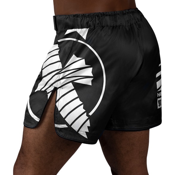 Black/White Hayabusa Mid-Thigh Icon Fight Shorts - Back w left perspective