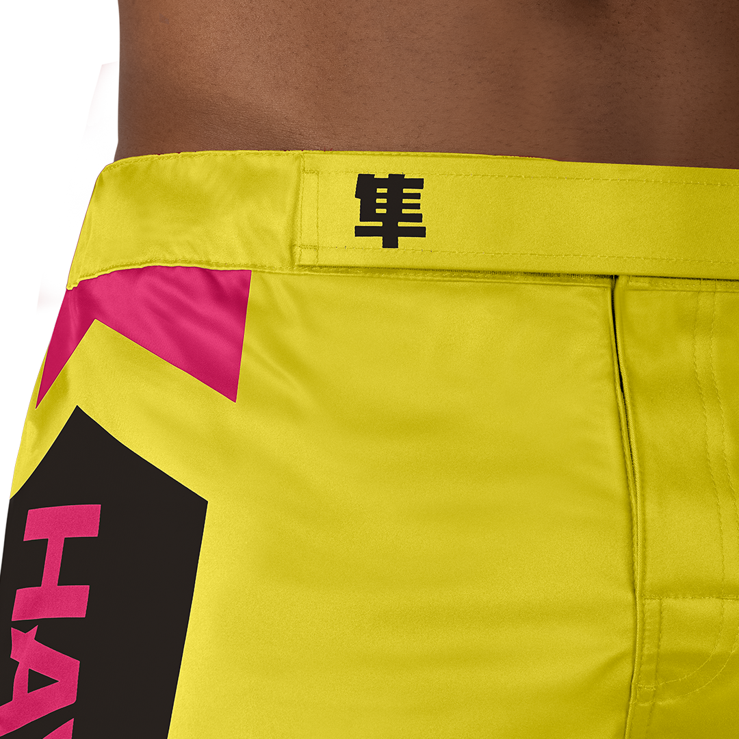 Yellow/Blue Hayabusa Icon Mid-Thigh Fight Shorts - Outer waist detail