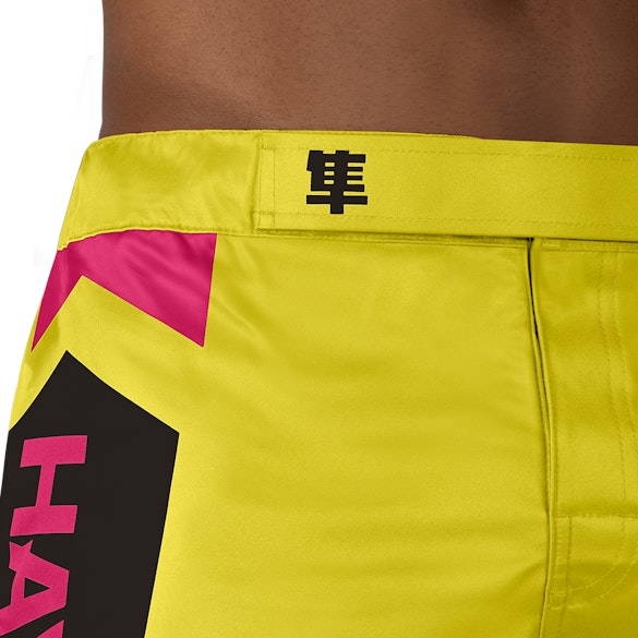 Yellow/Blue Hayabusa Icon Mid-Thigh Fight Shorts - Outer waist detail