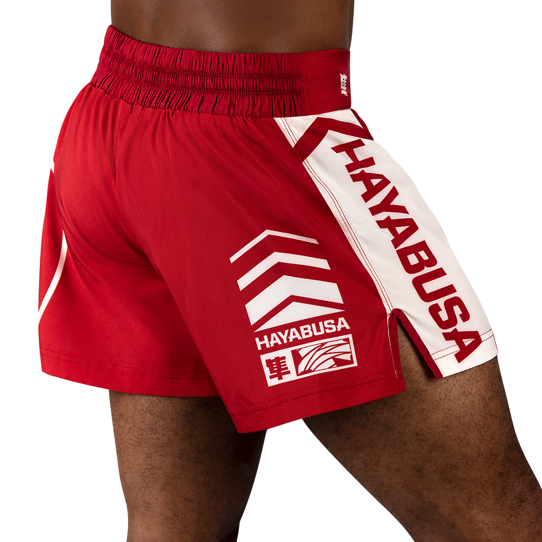 Red/White Hayabusa Icon Kickboxing Shorts - Back shot with right side perspective