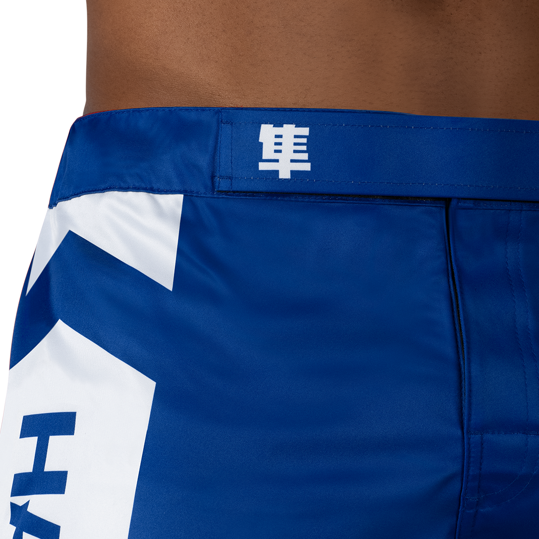 Blue/White Hayabusa Icon Mid-Thigh Fight Shorts - outer waist details