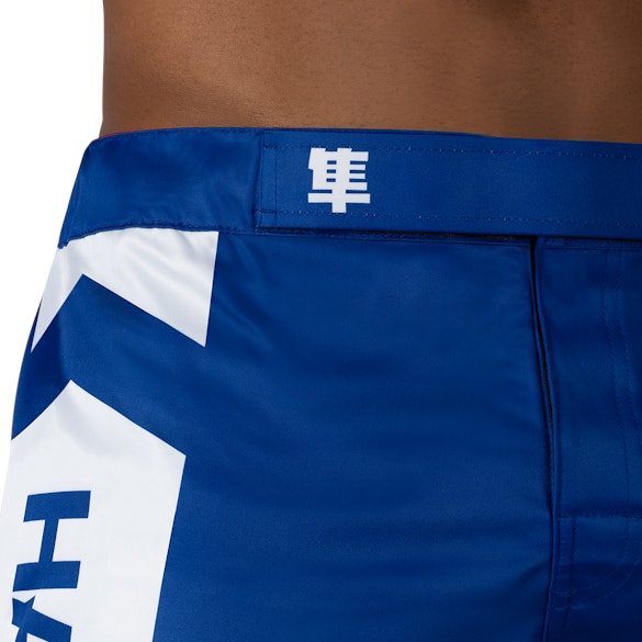 Blue/White Hayabusa Icon Mid-Thigh Fight Shorts - outer waist details