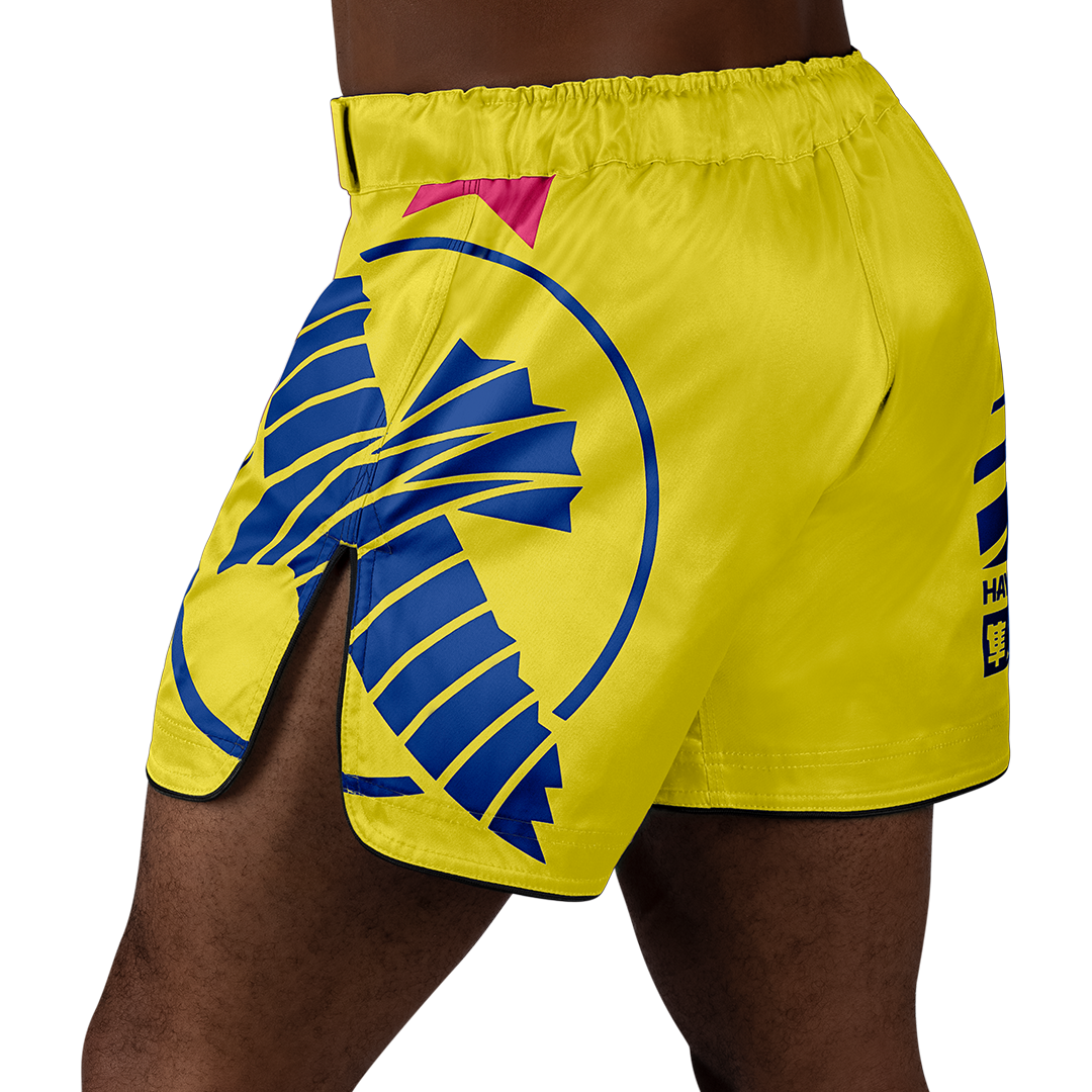 Yellow/Blue Hayabusa Icon Mid-Thigh Fight Shorts - Back shot w left side perspective