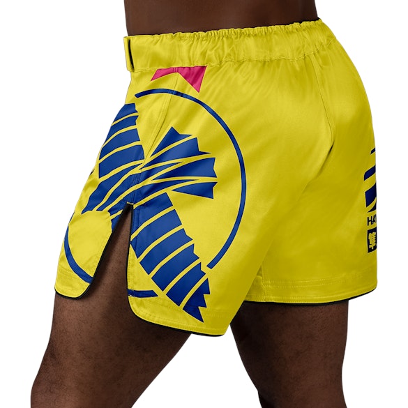 Yellow/Blue Hayabusa Icon Mid-Thigh Fight Shorts - Back shot w left side perspective