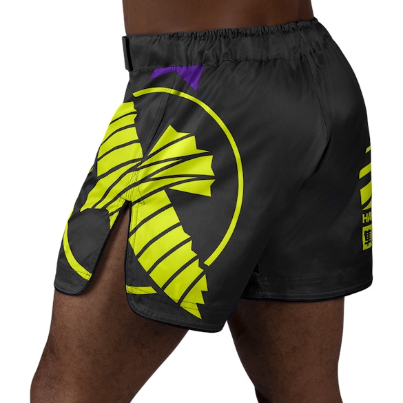 Black/Neon Hayabusa Icon Mid-Thigh Fight Shorts - Back shot with left perspective