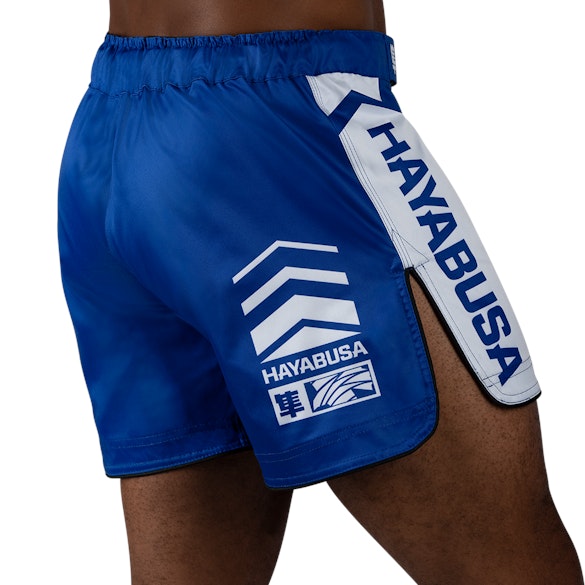 Blue/White Hayabusa Icon Mid-Thigh Fight Shorts - Back w right side perspective