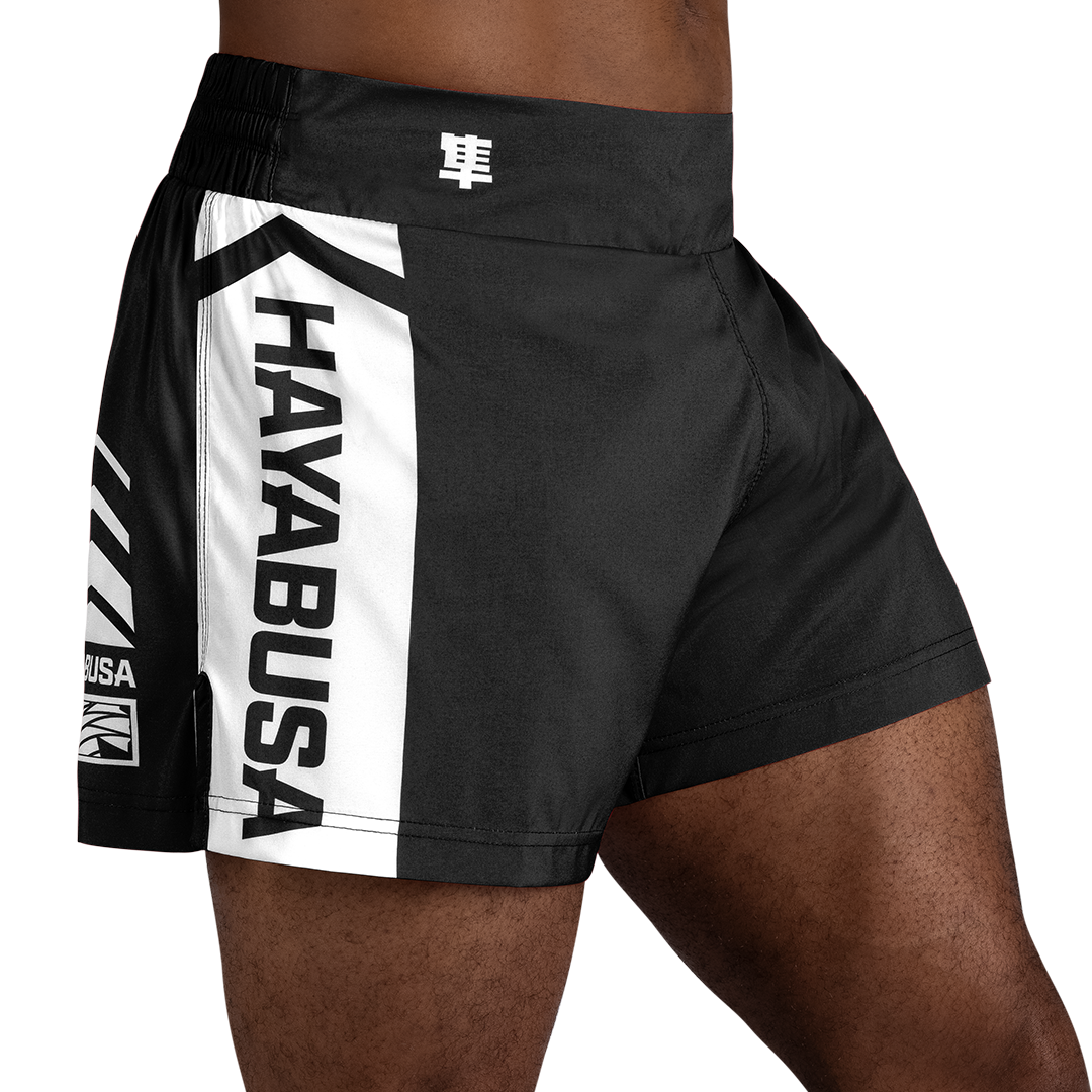 Black/White Hayabusa Icon Kickboxing Shorts - Main Shot w right side perspective