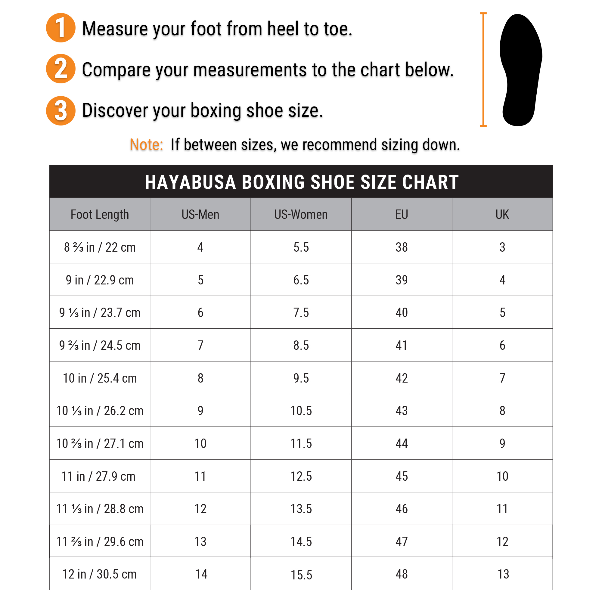Hayabusa Boxing Shoes Size Chart Made4Fighters