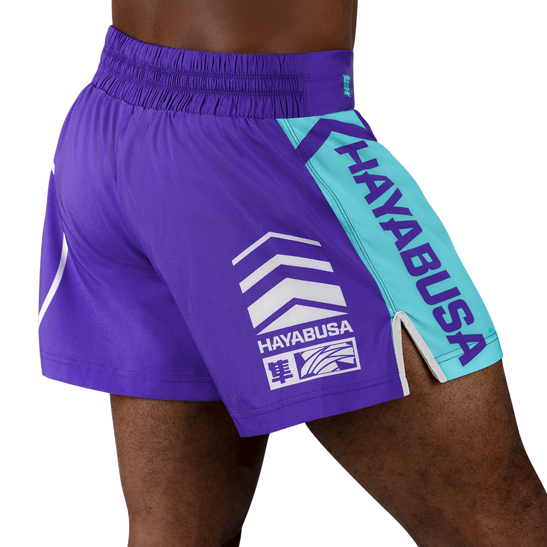 Purple/White Hayabusa Icon Kickboxing Shorts - Back shot w right side perspective
