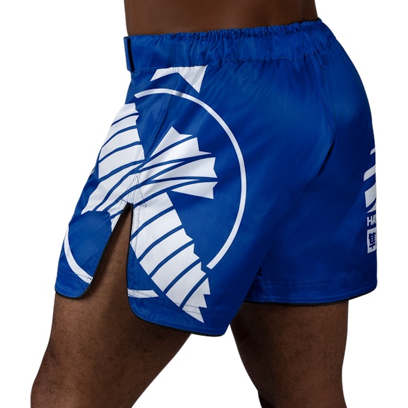 Blue/White Hayabusa Icon Mid-Thigh Fight Shorts - Back w lefts side perspective
