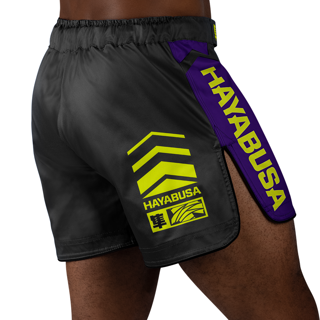Black/Neon Hayabusa Icon Mid-Thigh Fight Shorts - Back shot with right perspective