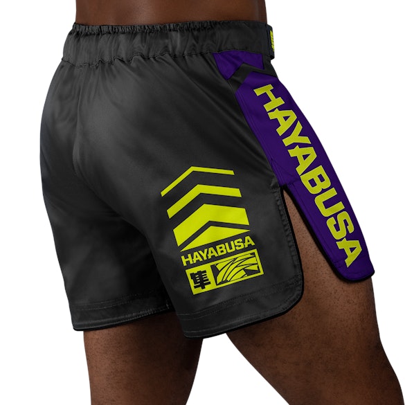 Black/Neon Hayabusa Icon Mid-Thigh Fight Shorts - Back shot with right perspective