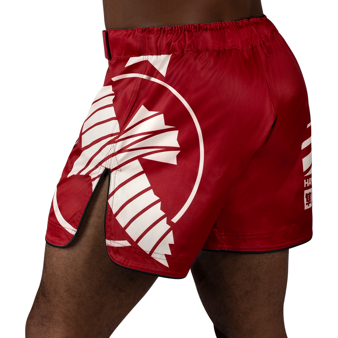 Red/White Hayabusa Icon Mid-Thigh Fight Shorts - Back shot w left side perspective