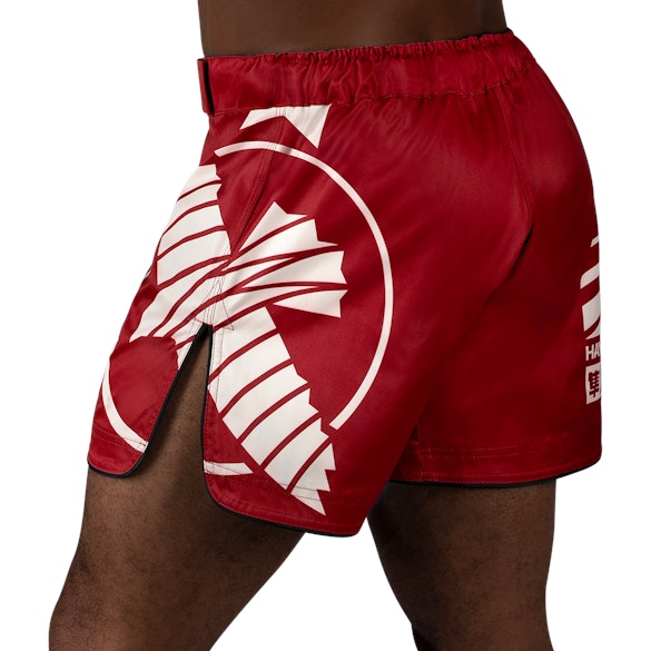 Red/White Hayabusa Icon Mid-Thigh Fight Shorts - Back shot w left side perspective