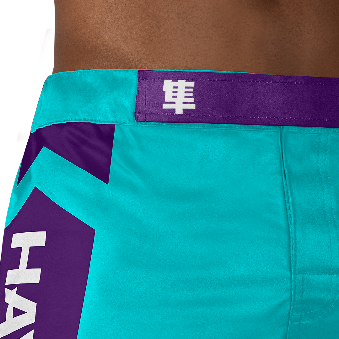 Teal/White Hayabusa Icon Mid-Thigh Fight Shorts - outer waist detail