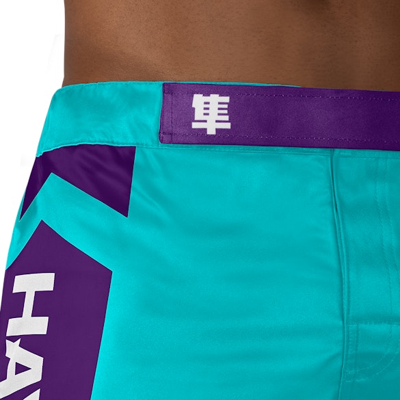 Teal/White Hayabusa Icon Mid-Thigh Fight Shorts - outer waist detail