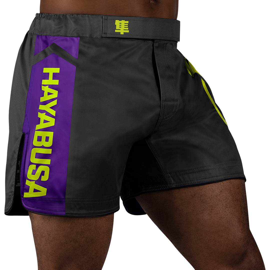 Black/Neon Hayabusa Icon Mid-Thigh Fight Shorts - Main shot w right perspective