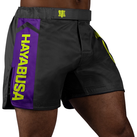 Black/Neon Hayabusa Icon Mid-Thigh Fight Shorts - Main shot w right perspective