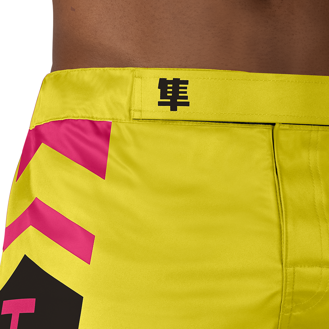 Yellow/Blue Icon Fight Shorts - Outer waist detail
