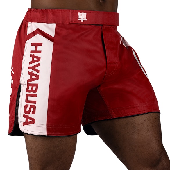 Red/White Hayabusa Icon Mid-Thigh Fight Shorts - Main shot w right side perspective