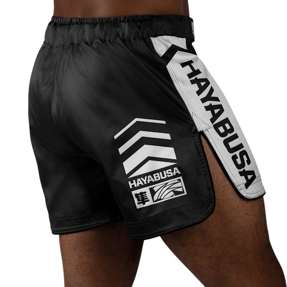 Black/White Hayabusa Mid-Thigh Icon Fight Shorts - Back with right perspective