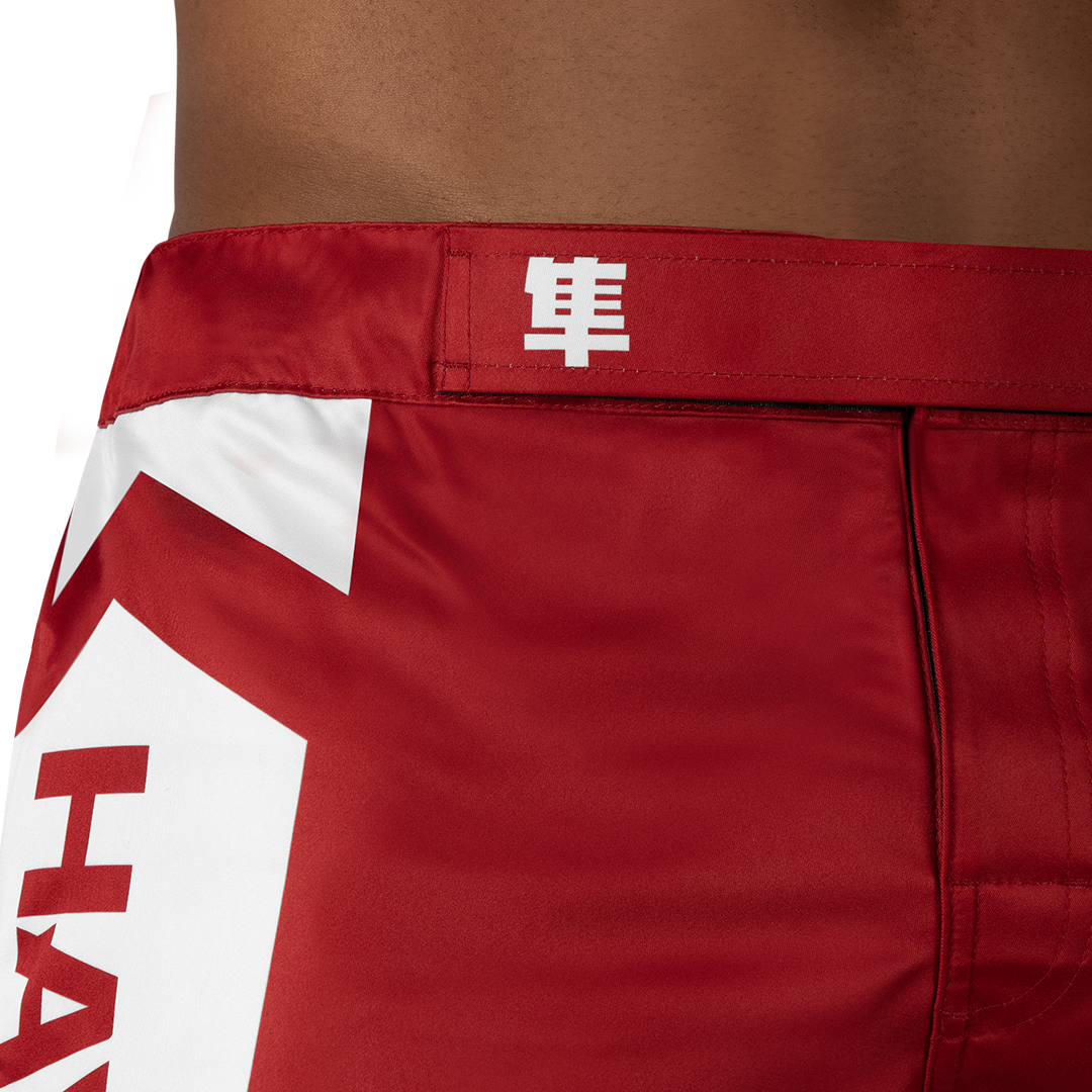 Red/White Hayabusa Icon Mid-Thigh Fight Shorts - Outer waist detail