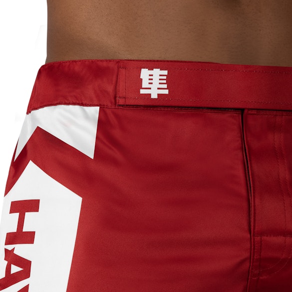 Red/White Hayabusa Icon Mid-Thigh Fight Shorts - Outer waist detail