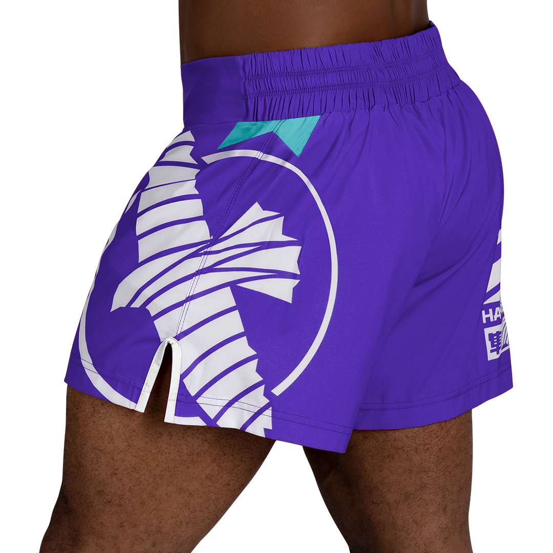 Purple/White Hayabusa Icon Kickboxing Shorts - Back shot w left side perspective