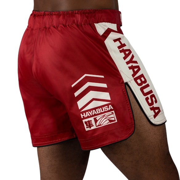 Red/White Hayabusa Icon Mid-Thigh Fight Shorts - Back shot w right side perspective