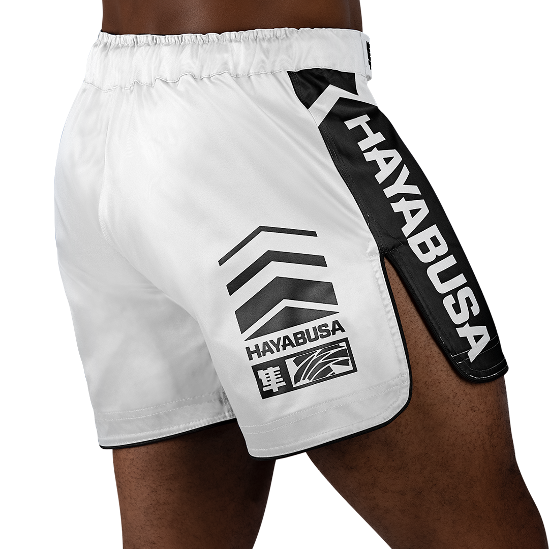 White/Black Hayabusa Mid-Thigh Icon Fight Shorts - Back shot w right side perspective