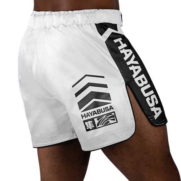 White/Black Hayabusa Mid-Thigh Icon Fight Shorts - Back shot w right side perspective