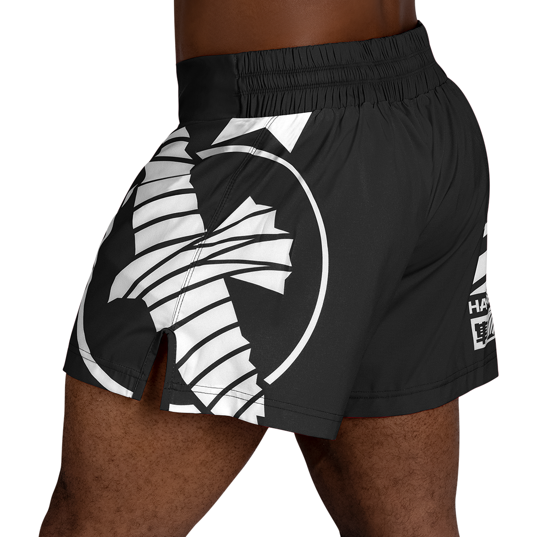 Black/White Hayabusa Icon Kickboxing Shorts - Back shot w left side perspective