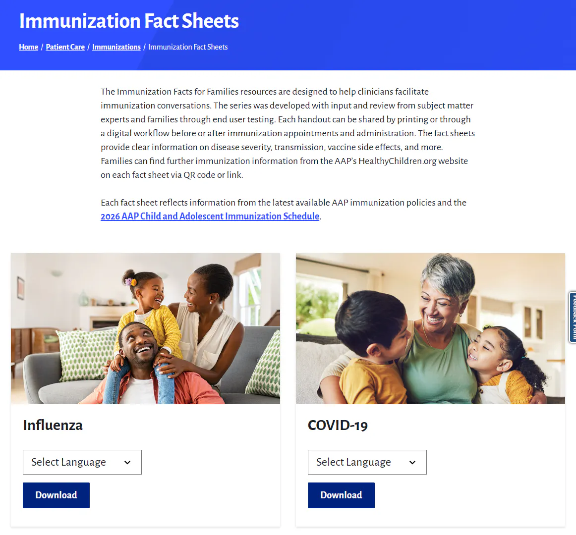 AAP immunization factsheets