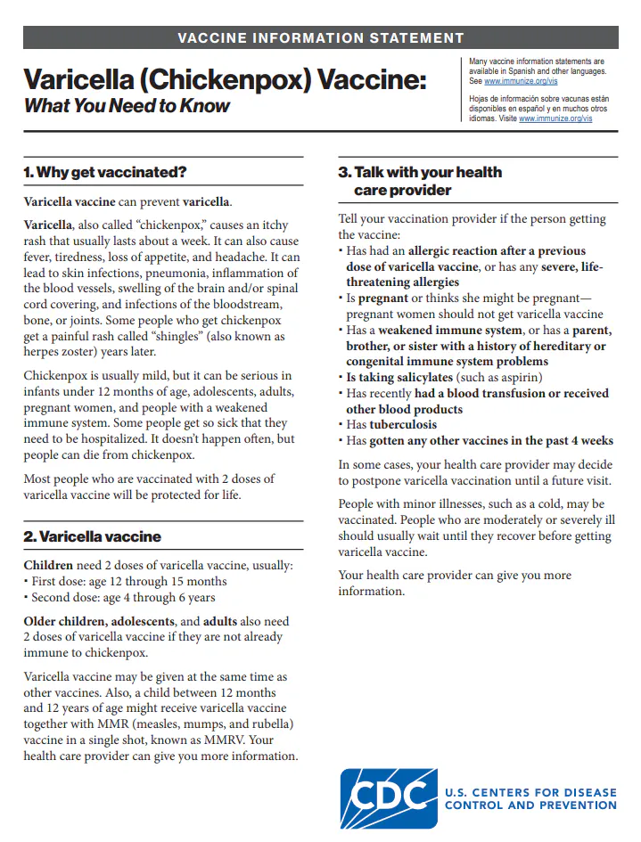 Factsheet: What You Need to Know About Varicella (Chickenpox) Vaccine (English, 33 Languages)