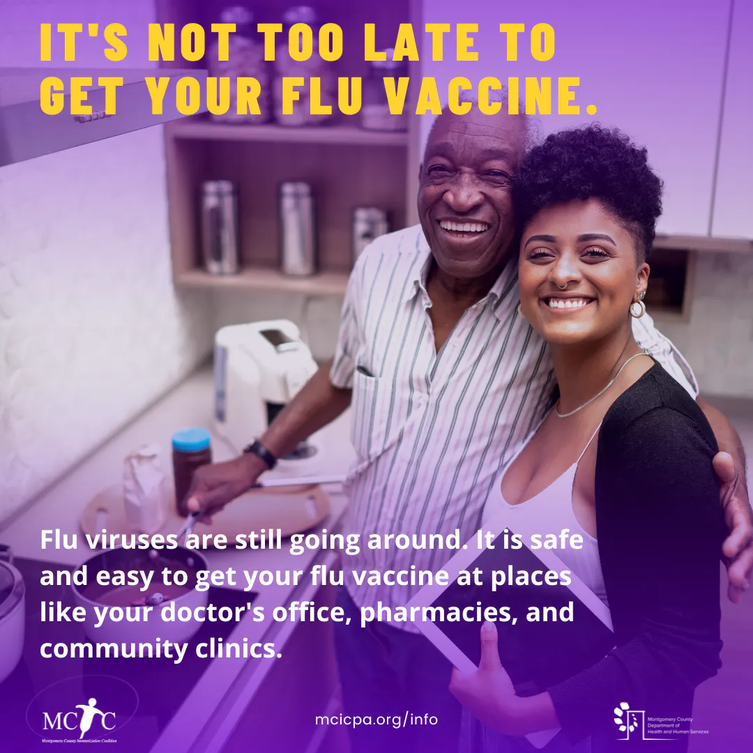 Social Media: Graphic Says It's Not Too Late to Get a Flu Vaccine (English, Chinese, Korean, Spanish)