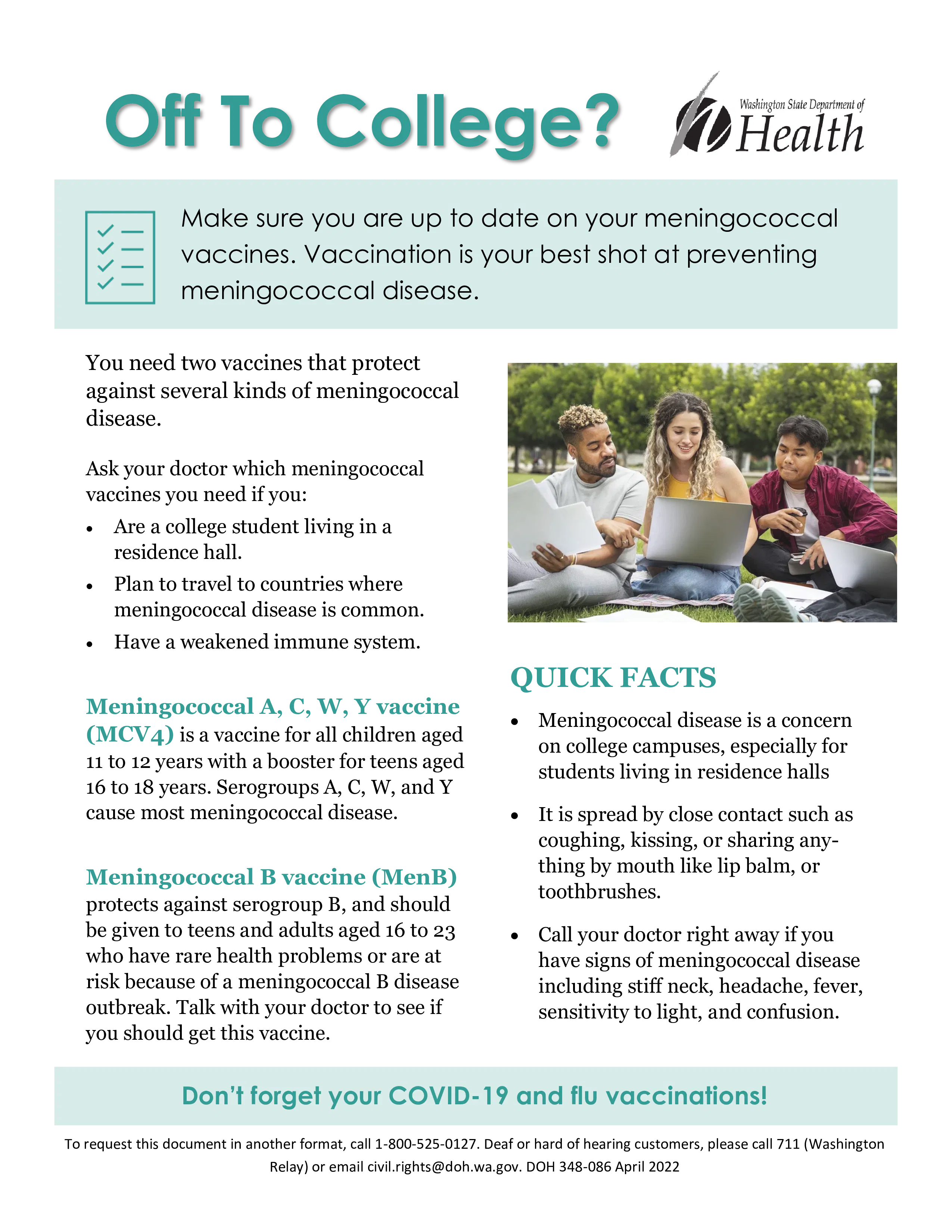Factsheet: Off to College? Make Sure You're Up to Date on Your Meningococcal Vaccines (English, Russian, Spanish, Ukrainian)