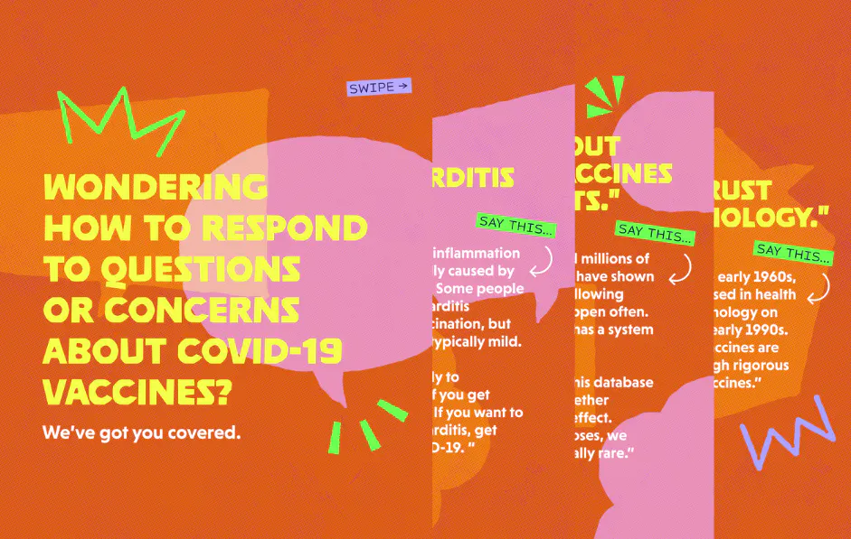 Social media: Graphics explain how people can respond to questions or concerns about COVID-19 vaccines (English, Spanish)