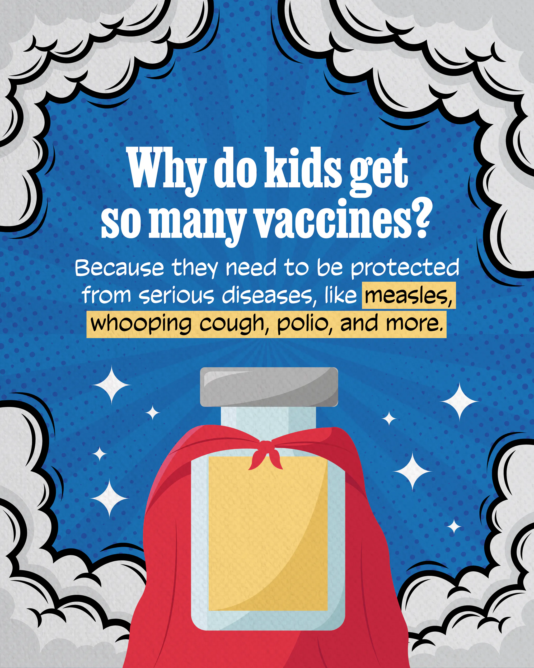 Social media: Graphic explains that kids need more vaccines to protect them against serious diseases like measles, whooping cough, polio, and more (English, Spanish)