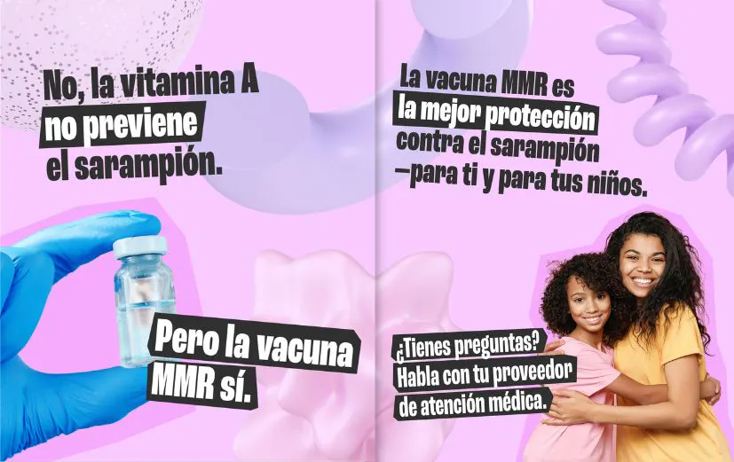 Redes sociales: Gráficos destacan que la vitamina A no previene el sarampión y enfatiza que la vacuna MMR ofrece la mejor protección para los adultos y los niños (inglés, español)
