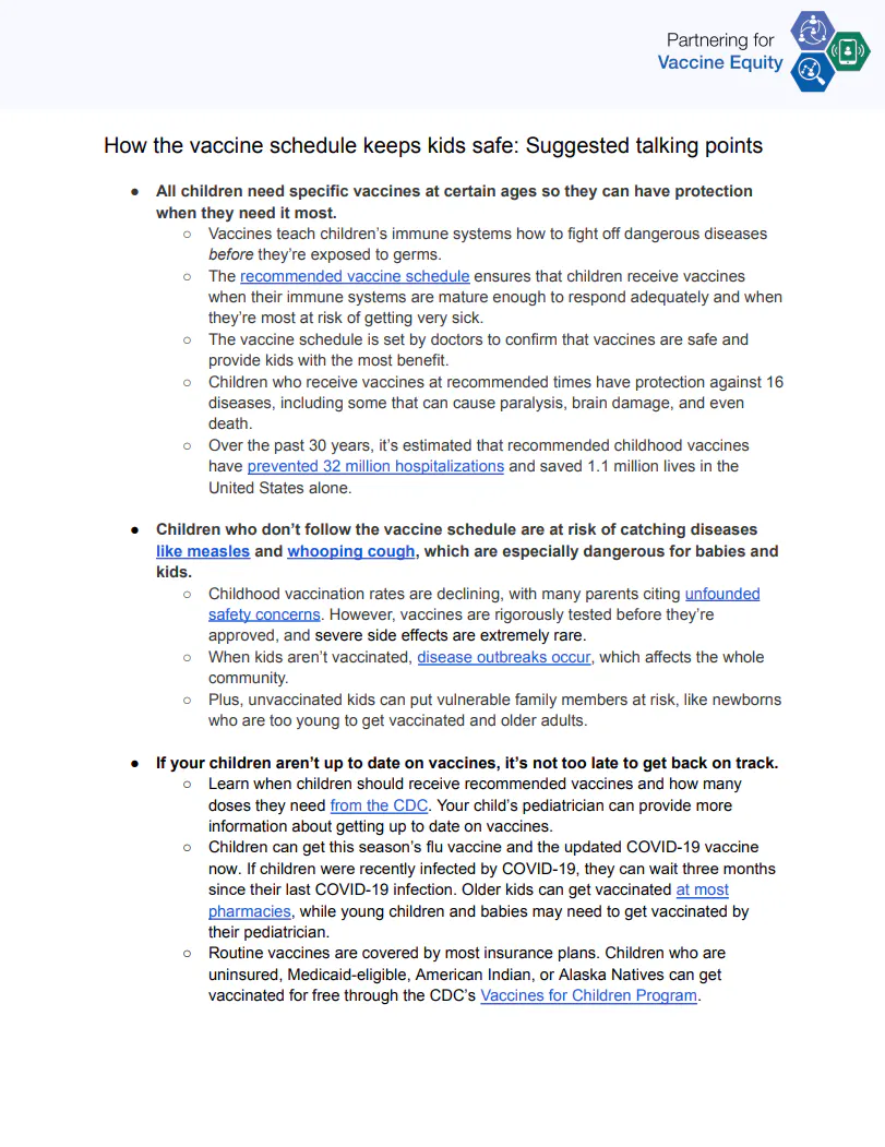 Talking points and FAQs: How the vaccine schedule keeps kids safe (English, Spanish)