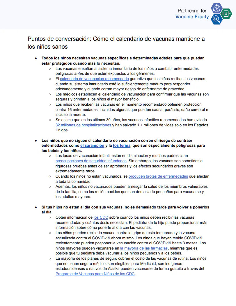 Puntos de conversación y preguntas frecuentes: Cómo el calendario de vacunación mantiene a los niños sanos (inglés, español)