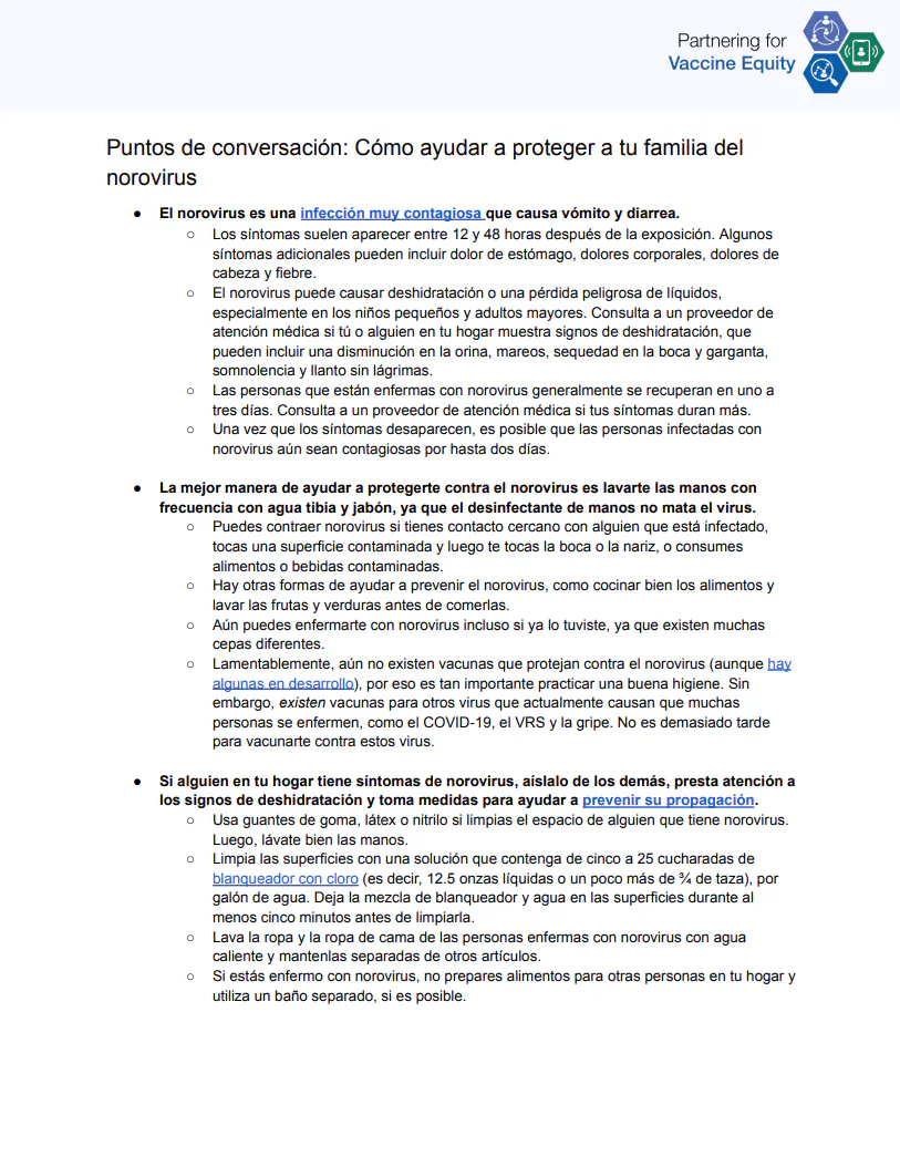 Puntos de conversación y preguntas frecuentes: Cómo ayudar a proteger a tu familia del norovirus (inglés, español)