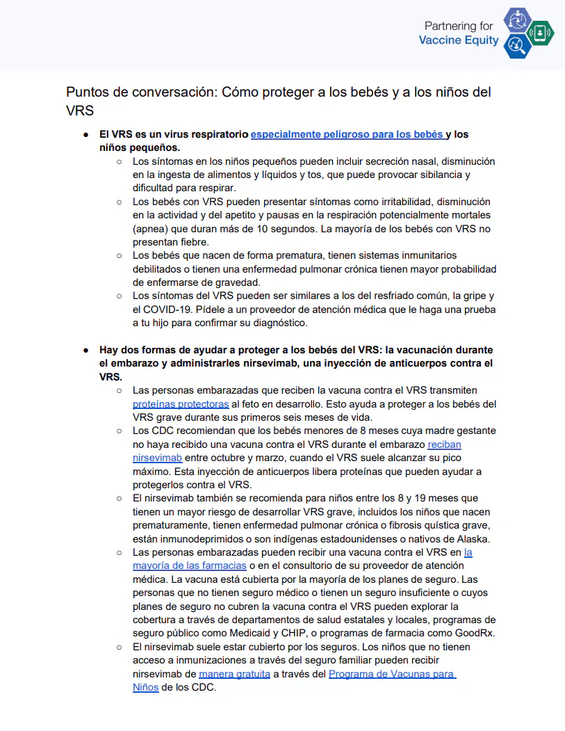 Puntos de conversación y preguntas frecuentes: Cómo ayudar a proteger del VRS a los bebés y los niños (inglés, español)