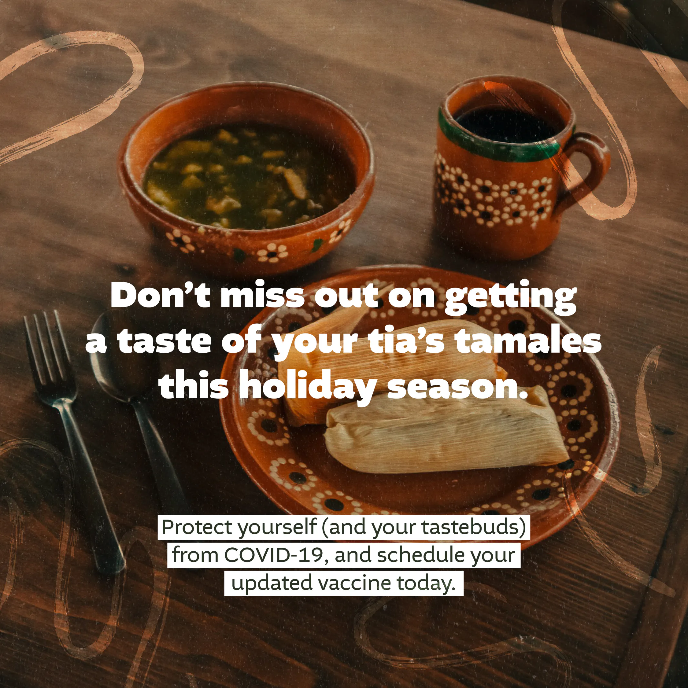 Social media: Graphic says don't miss out on holiday tastes and get vaccinated (English, Spanish)