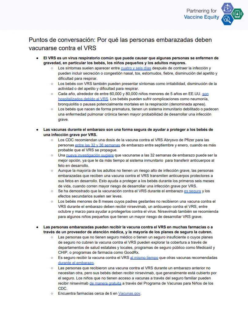 Puntos de conversación y preguntas frecuentes: Por qué las mujeres embarazadas deben obtener la vacuna contra el VRS (inglés, español)