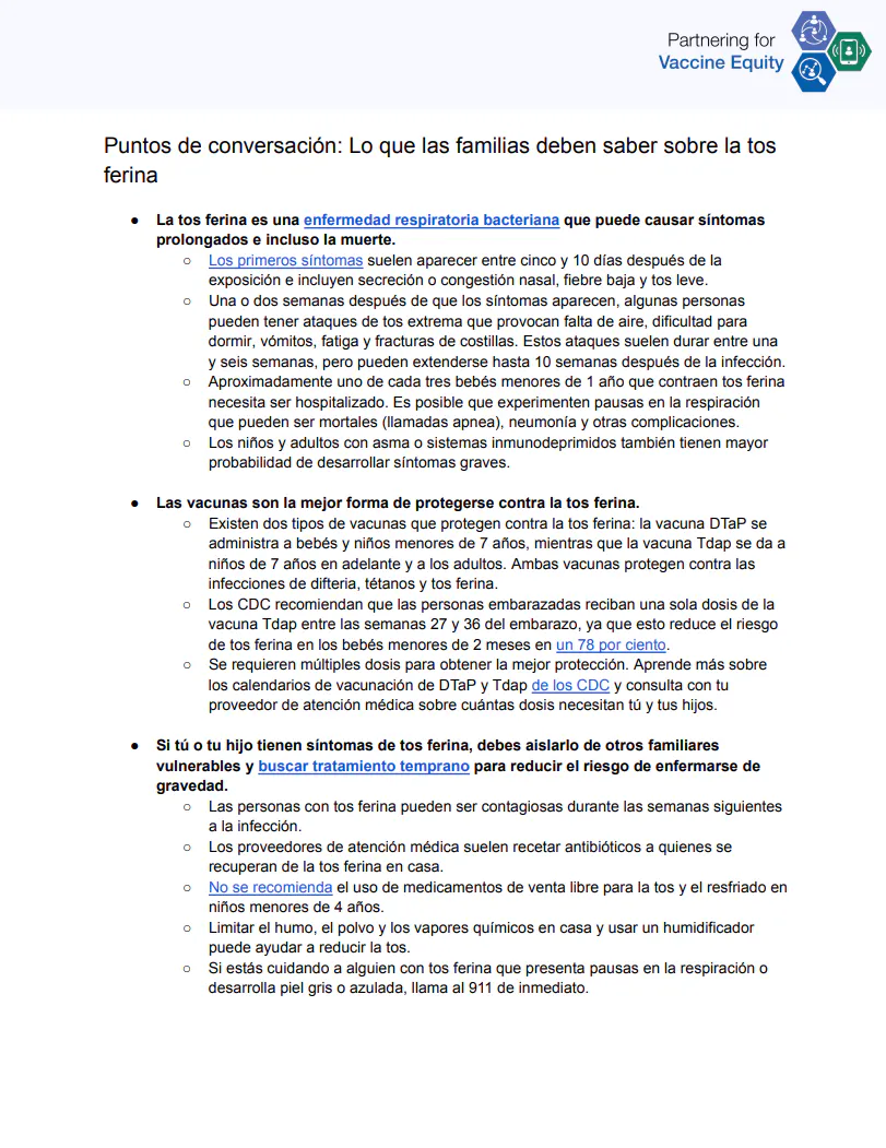 Talking points and FAQs: What families should know about whooping cough (English, Spanish)