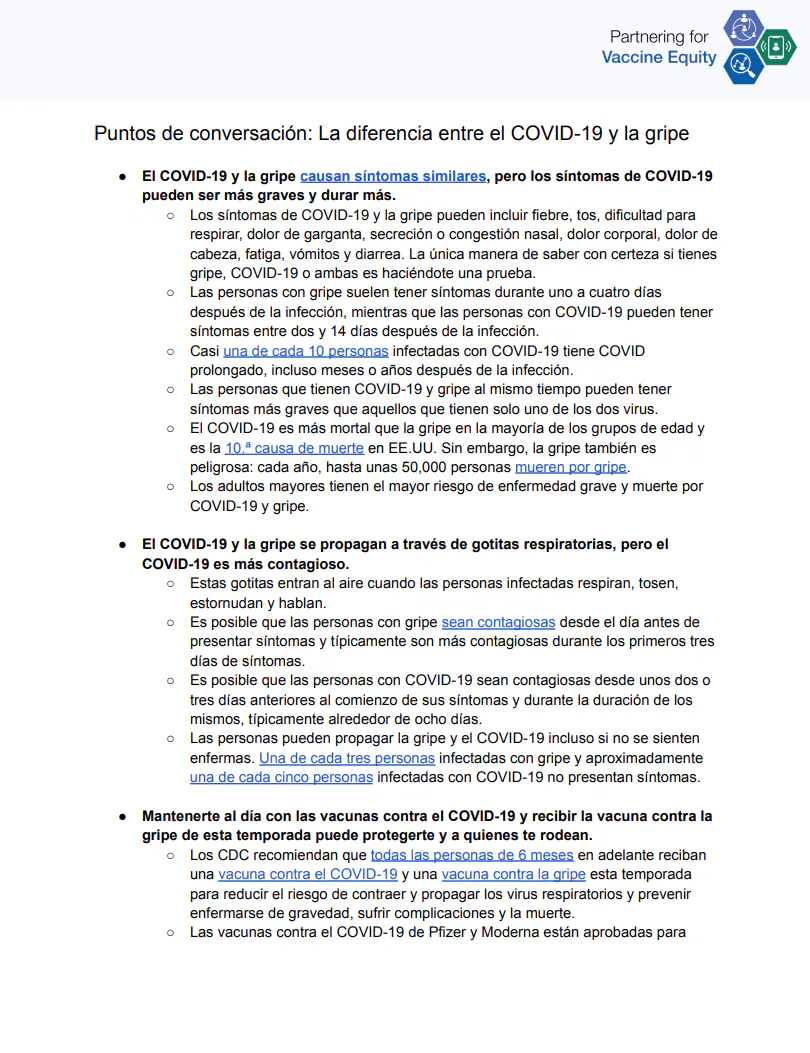 Puntos de conversación y preguntas frecuentes: La diferencia entre el COVID-19 y la gripe (inglés, español)