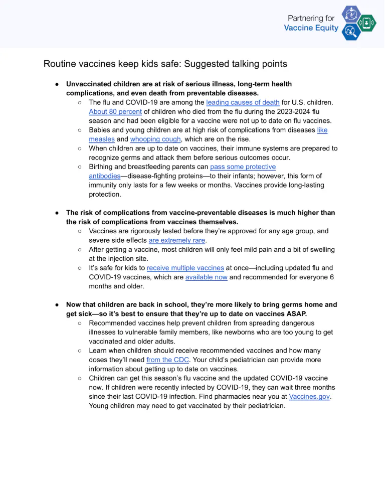 Talking points and FAQs: Routine vaccines keep kids safe (English, Spanish)