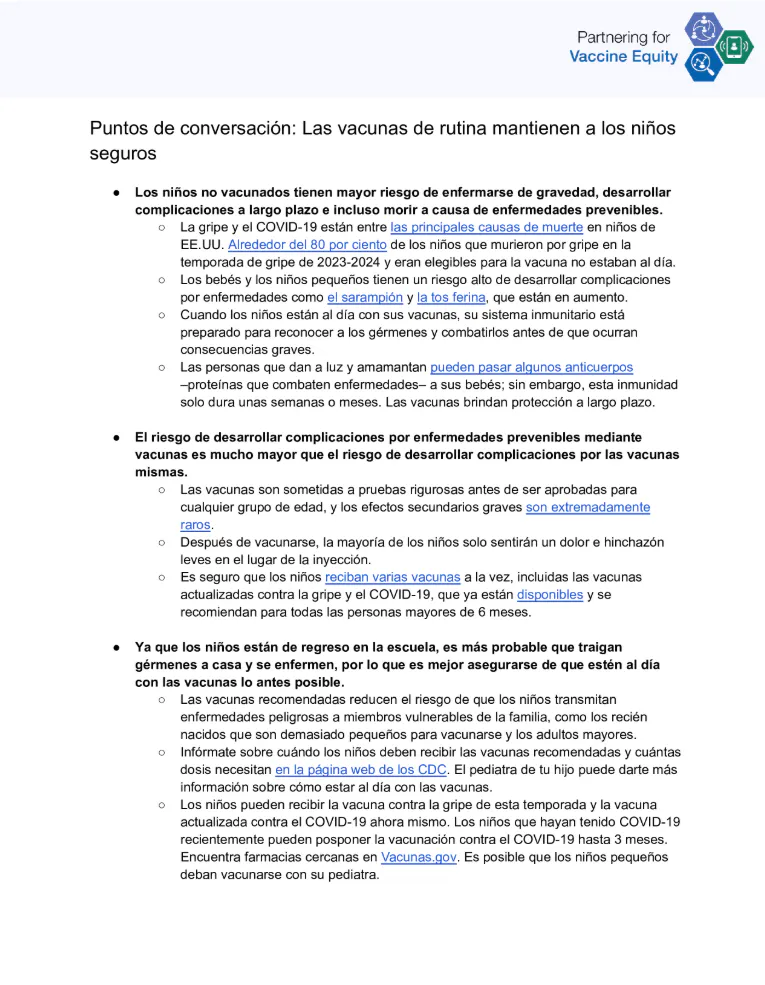 Puntos de conversación y preguntas frecuentes: Las vacunas de rutina mantienen a los niños sanos (inglés, español)