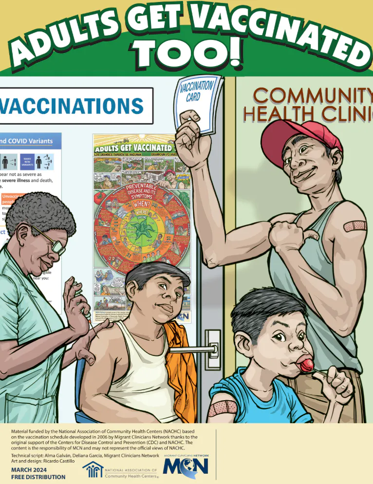 Factsheet: Comic emphasizes that adults get vaccinated too (English, Spanish)